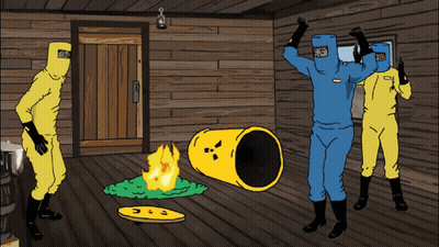 Group Of Men In Yellow And Blue Suits With Barrel GIF
