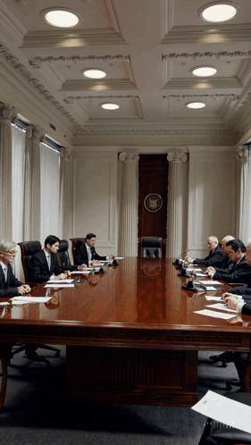 Group of Men Sitting Around Long Wooden Table