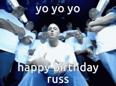 Group Of Men Standing Around Man Saying Happy Birthday Russ GIF
