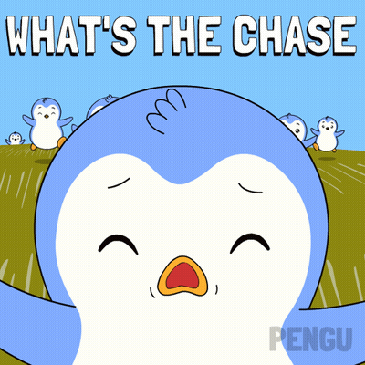 Group Of Penguins Standing In Field Saying What's The Chase GIF