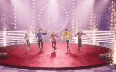 Group Of People Dancing On Stage With Fireworks GIF