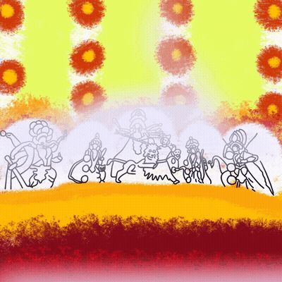 Group Of People In Front Of Yellow And Red Background GIF