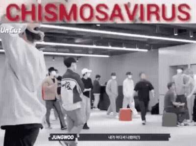 Group Of People In Room With Chismosaurus Ceiling GIF