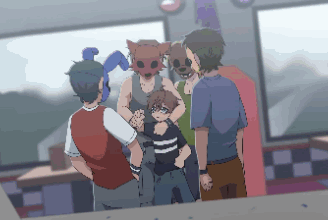 Group Of People In Room With One Wearing Cat Mask GIF