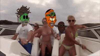 Group Of People On Boat With Cartoon Faces GIF