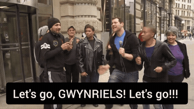 Group Of People On Sidewalk Saying Let's Go Gwynriels GIF
