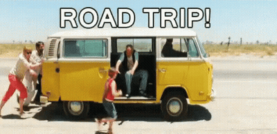 Group Of People Pushing Yellow Van Saying Road Trip GIF