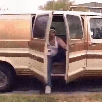 Group Of People Sitting In Van With Doors Open GIF