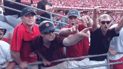 Group Of People Standing In Stadium With Arms In The Air GIF