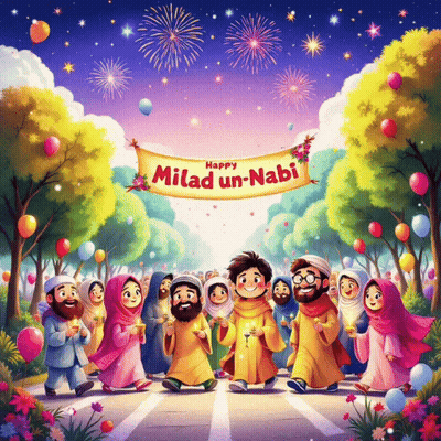 Group Of People Walking Under Banner Saying Happy Milad Un Nabi GIF