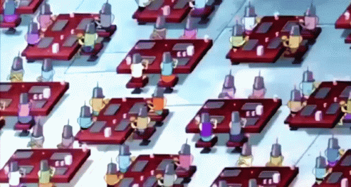 Group Of People With Cups On Heads At Tables GIF