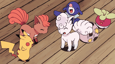 Group Of Pokemon Standing On Wooden Deck GIF