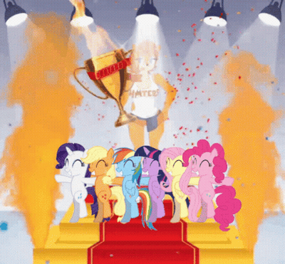 Group Of Ponies On Stage With Hooters Trophy GIF