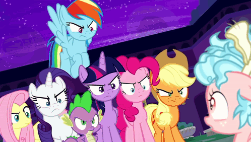 Group Of Ponies Standing Next To Each Other Angry Faces GIF