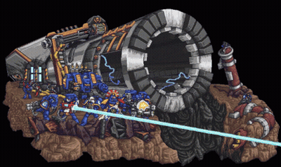 Group Of Robots Standing In Front Of A Large Pipe GIF