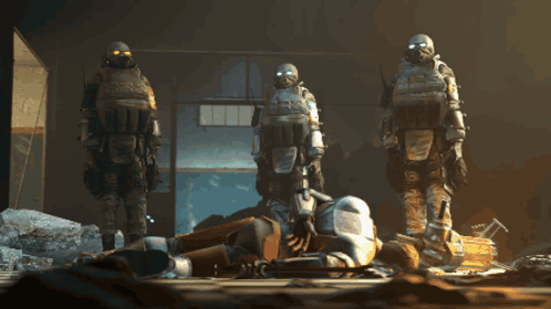 Group Of Soldiers In Gas Masks Around Fallen Soldier GIF