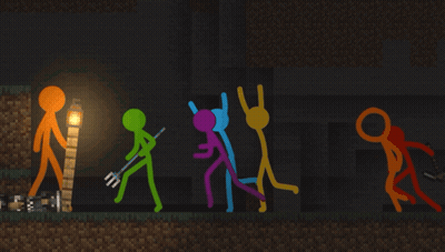 Group Of Stick Figures In Dark Cave GIF