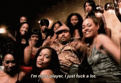 Group Of Women Around Man Saying I'm Not A Player GIF
