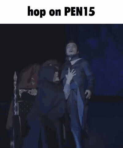 grupo en el escenario diciendo súbete a pen15 GIF