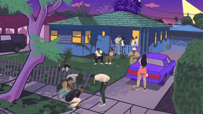 Group Outside Blue House At Night GIF