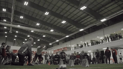 Group Playing Game In Indoor Arena With A Sign GIF