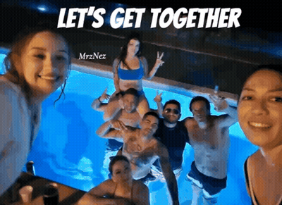 Group Posing in Pool Saying Let's Get Together
