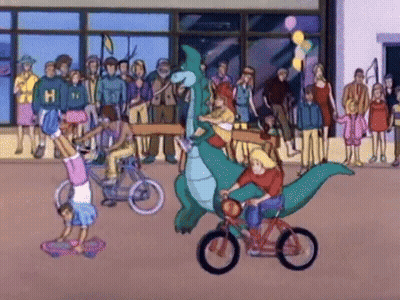 Group Riding Bikes And Skateboards In Front Of Building With Letter H GIF