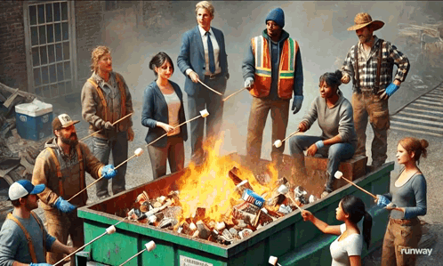 Group Roasting Marshmallows In Dumpster Saying Runway GIF