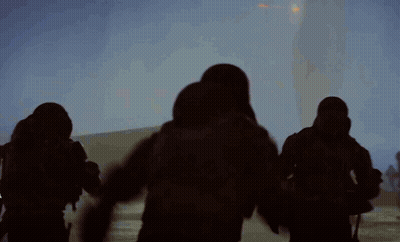 Group Running In Foggy Area With Sun GIF