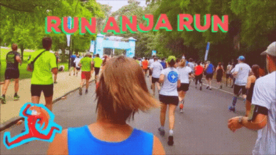 Group Running In Park Saying Run Anja Run GIF