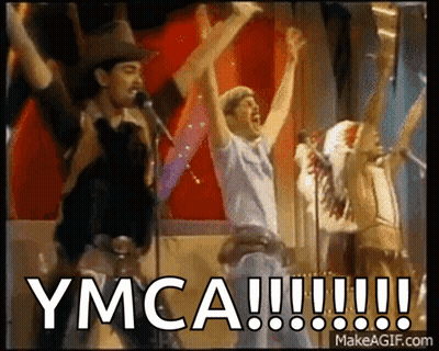Group Singing In Front Of Red Curtain YMCA GIF