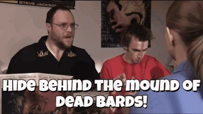 Group Sitting Around Table Hide Behind The Mound Of Dead Bards GIF