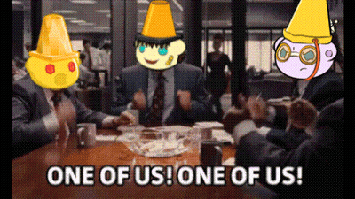 Group Sitting Around Table Saying One Of Us One Of Us GIF