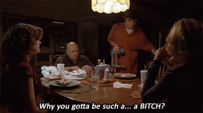 Group Sitting Around Table Saying Why You Gotta Be Such A Bitch GIF