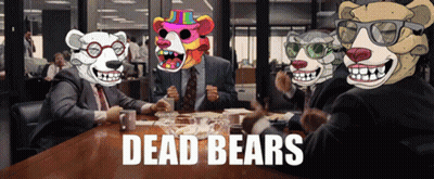 Group Sitting Around Table With Dead Bears GIF