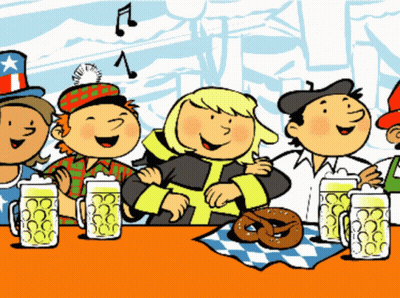 Group Sitting At Table With Beer Mugs And Pretzels GIF