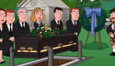 Group Standing Around Black Coffin Saying Ross GIF