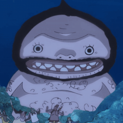Group Standing Around Cartoon Character With Big Mouth GIF