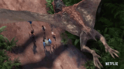 Group Standing Around Large Dinosaur Netflix GIF