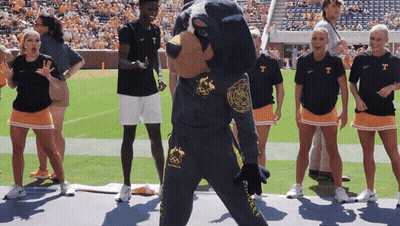 Group Standing Around Mascot In T-Shirt GIF