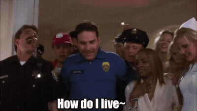 Group Standing Around Police Officer Saying How Do I Live GIF