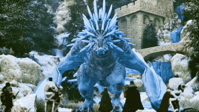 Group Standing In Front Of Dragon With Ice Spikes GIF