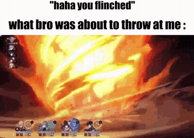 Group Standing In Front Of Fire Saying Haha You Flinched GIF
