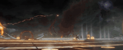 Group Standing In Front Of Giant Monster In Dark Room GIF