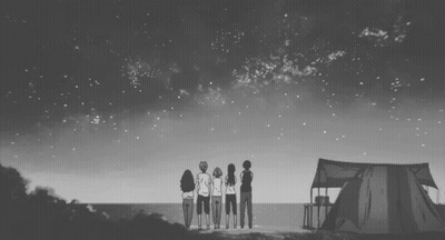 Group Standing In Front Of Tent Looking At Starry Sky GIF