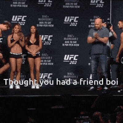 Group Standing In Front Of Thought You Had A Friend Boi Sign GIF