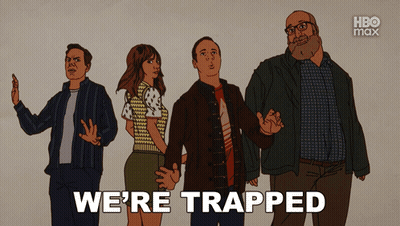 Group Standing In Front Of Trapped Sign GIF