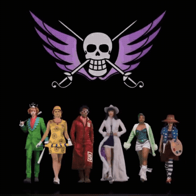 Group Standing In Front Of Winged Skull And Crossbones GIF