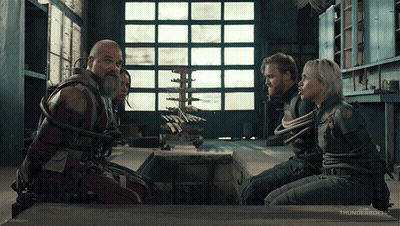Group Tied Up In Room With Thunderbolts GIF