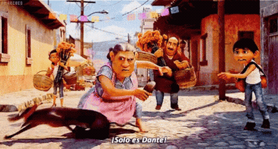 Group Walking Down Cobblestone Street Cartoon Says Solo Es Dantel GIF